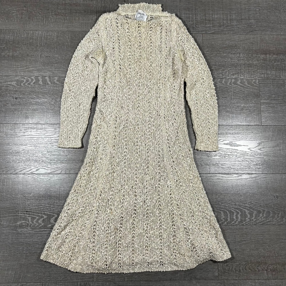 VTG Pallas Loomed Irish Linen Crochet Knit Dress Beige‎ Long Sleeve Mock Neck